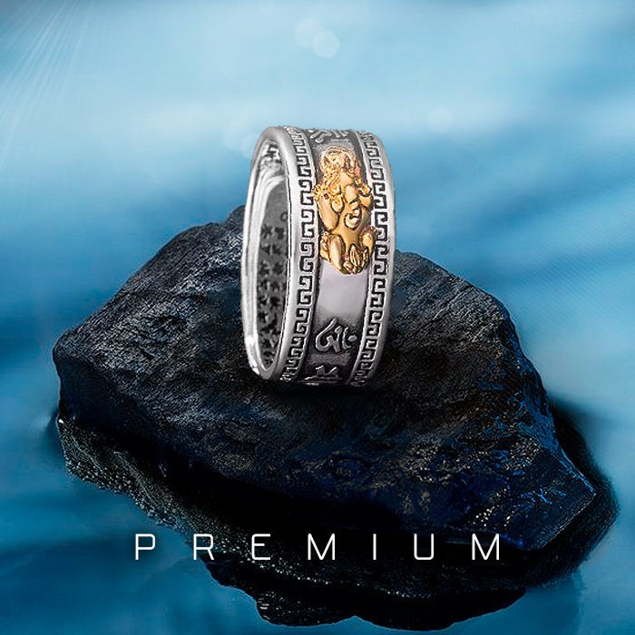 Anel prateado com detalhes de Pixiu dourado e padrão lótus, estilo Feng Shui, Pelicano Azul