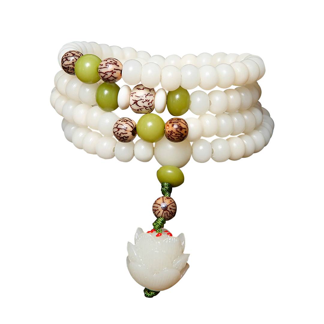 Colar japamala com 108 contas de jade branco e verde, sementes Bodhi, detalhes marrom e verde, e pingente flor de lótus - Pelicano Azul