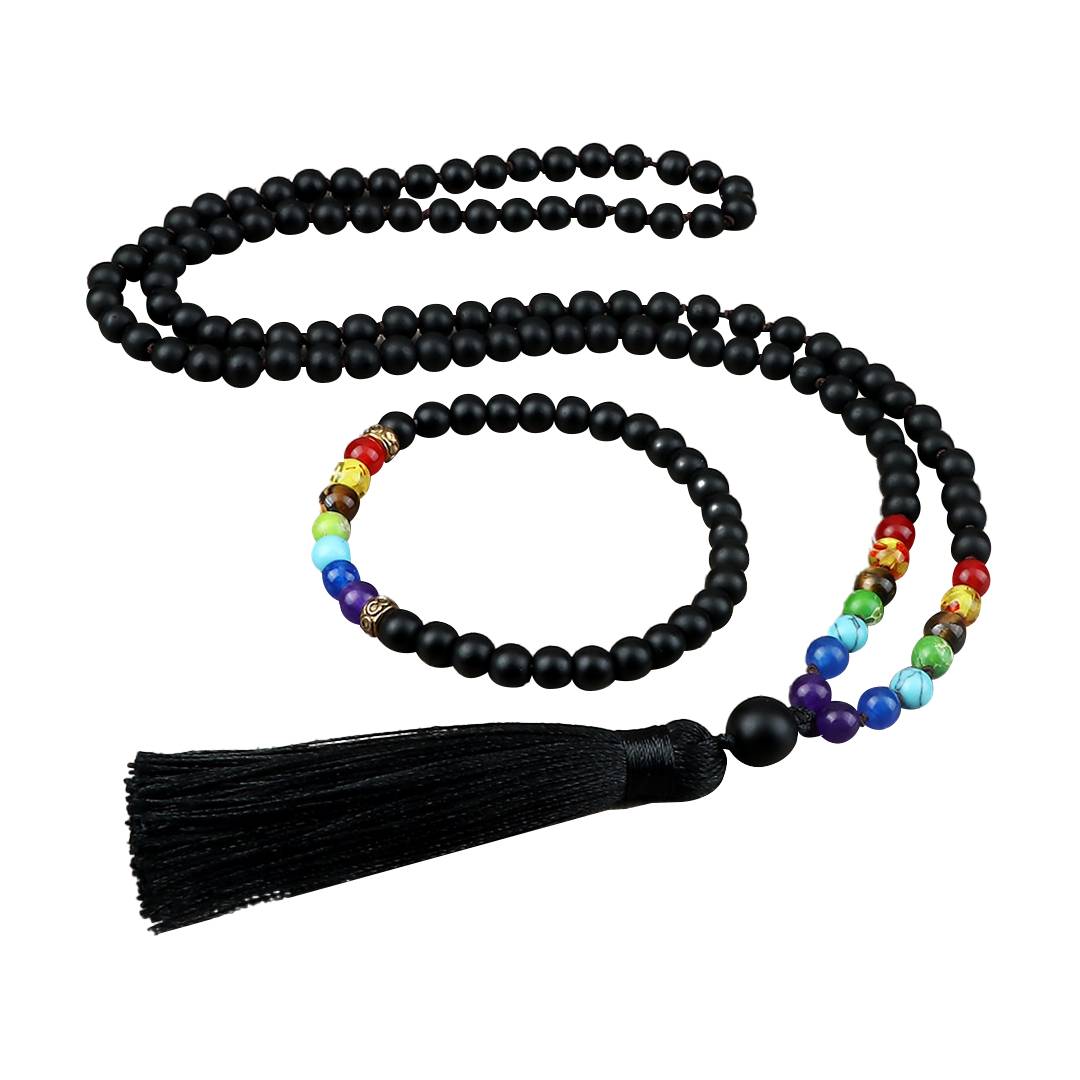 Japamala de lava vulcânica negra com contas dos 7 chakras, incluindo pulseira combinando e tassel preto, para equilíbrio e energia - Pelicano Azul