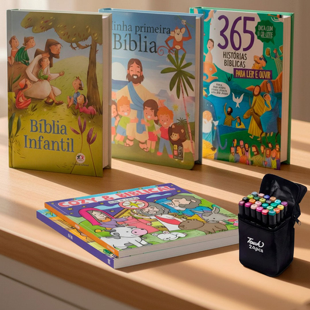 Kit Pequenos Discípulos – 4 Histórias para Inspirar Fé + Canetas Coloridas