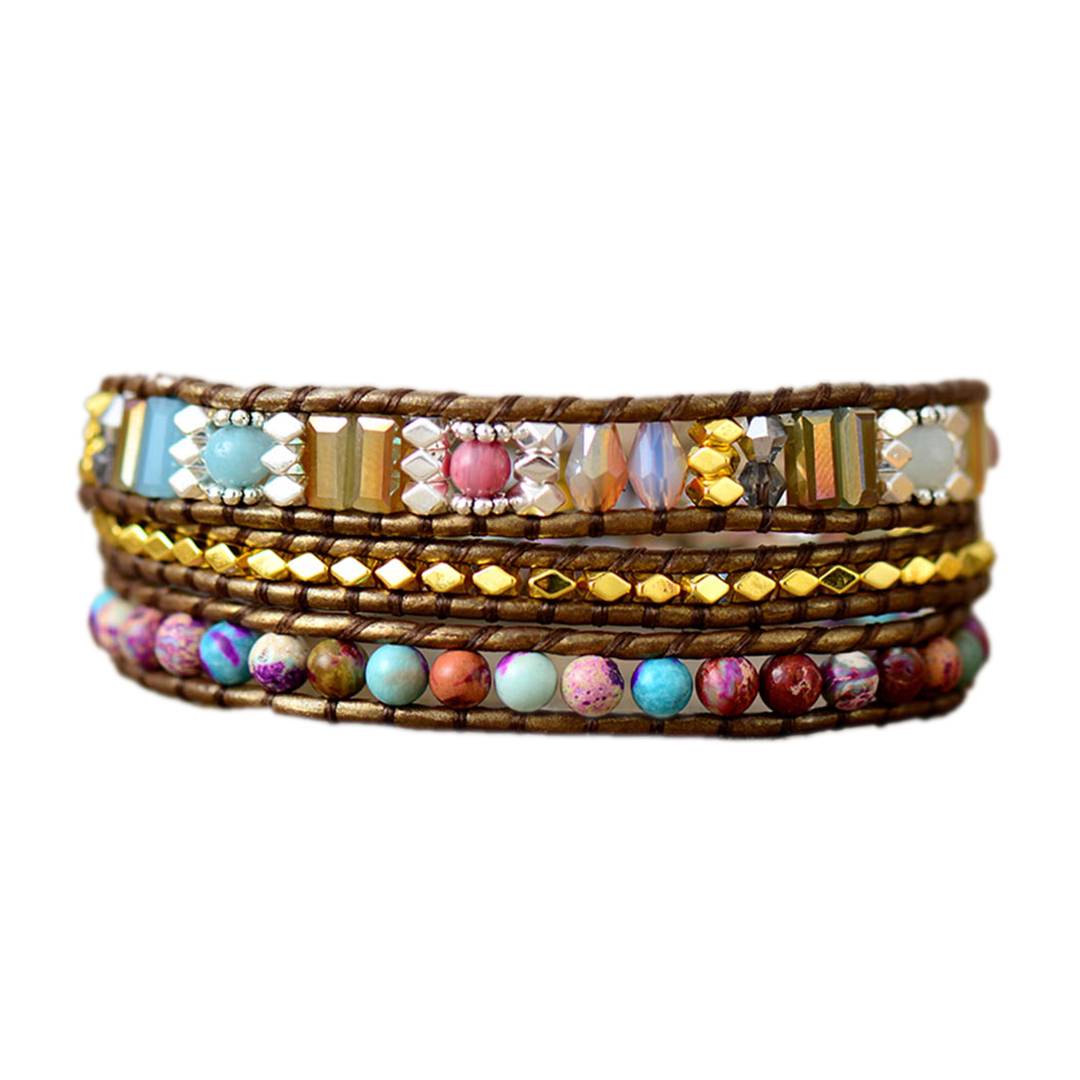 Pulseira Jaspe Imperial com detalhes em pedras multicoloridas e cristais brilhantes, Coração da Proteção, Pelicano Azul.