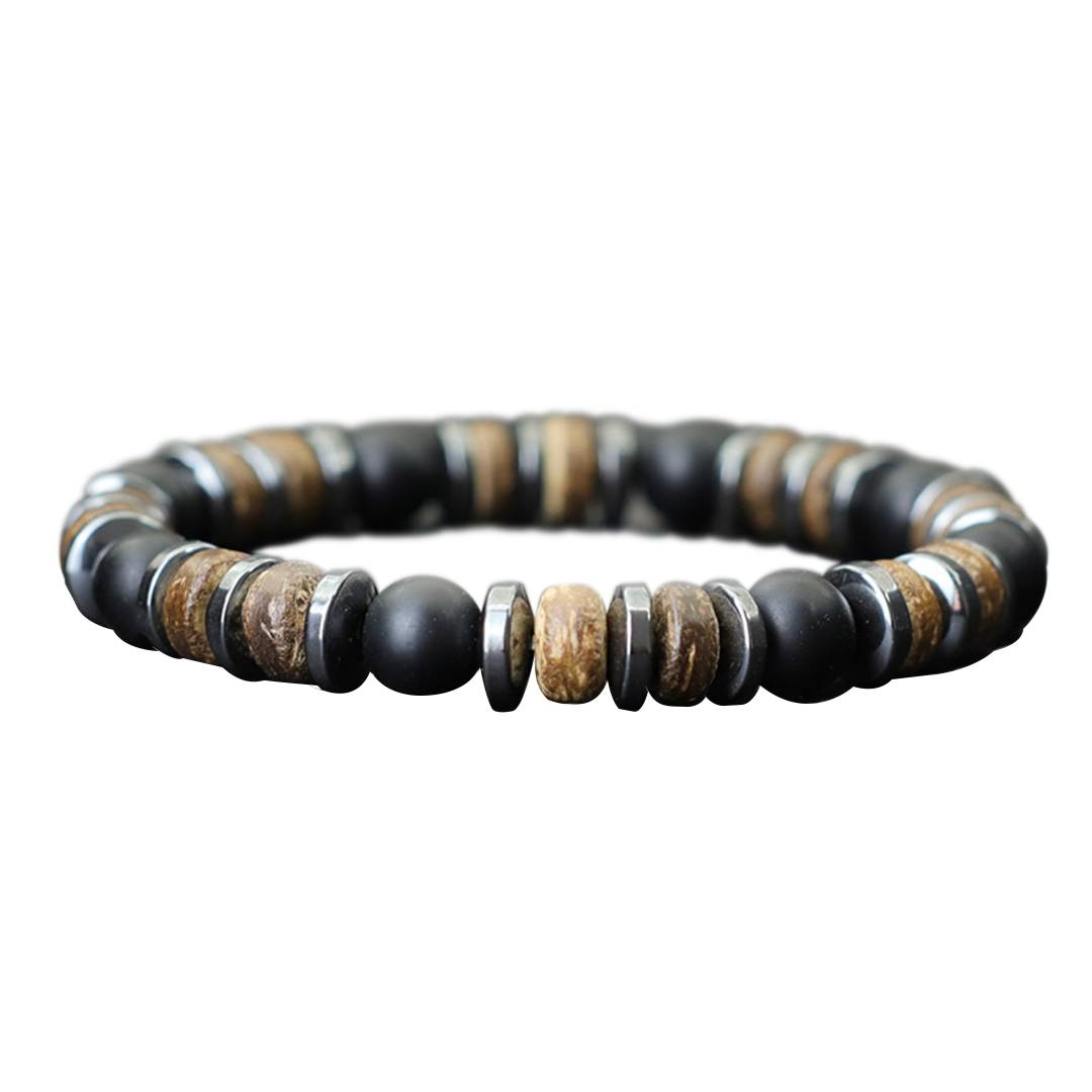 Pulseira tibetana com grânulos de madeira e pedras naturais em tons terrosos e pretos, Pelicano Azul.