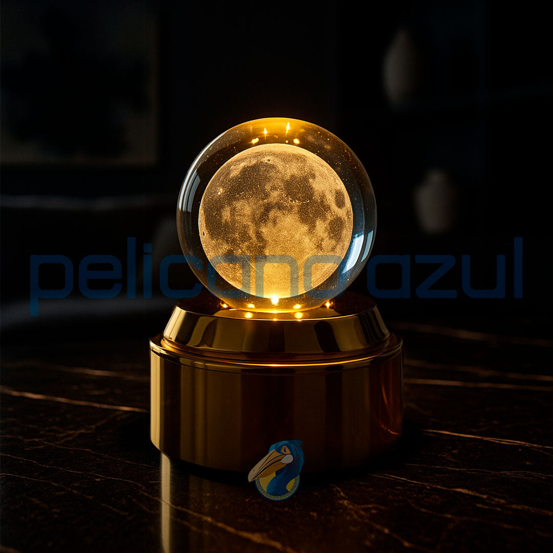 luminária giratória com lua cheia iluminada em base dourada para decoracao elegante
