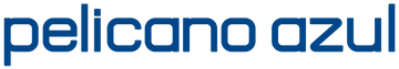 Logotipo da Pelicano Azul em fundo azul, com texto estilizado representando a marca