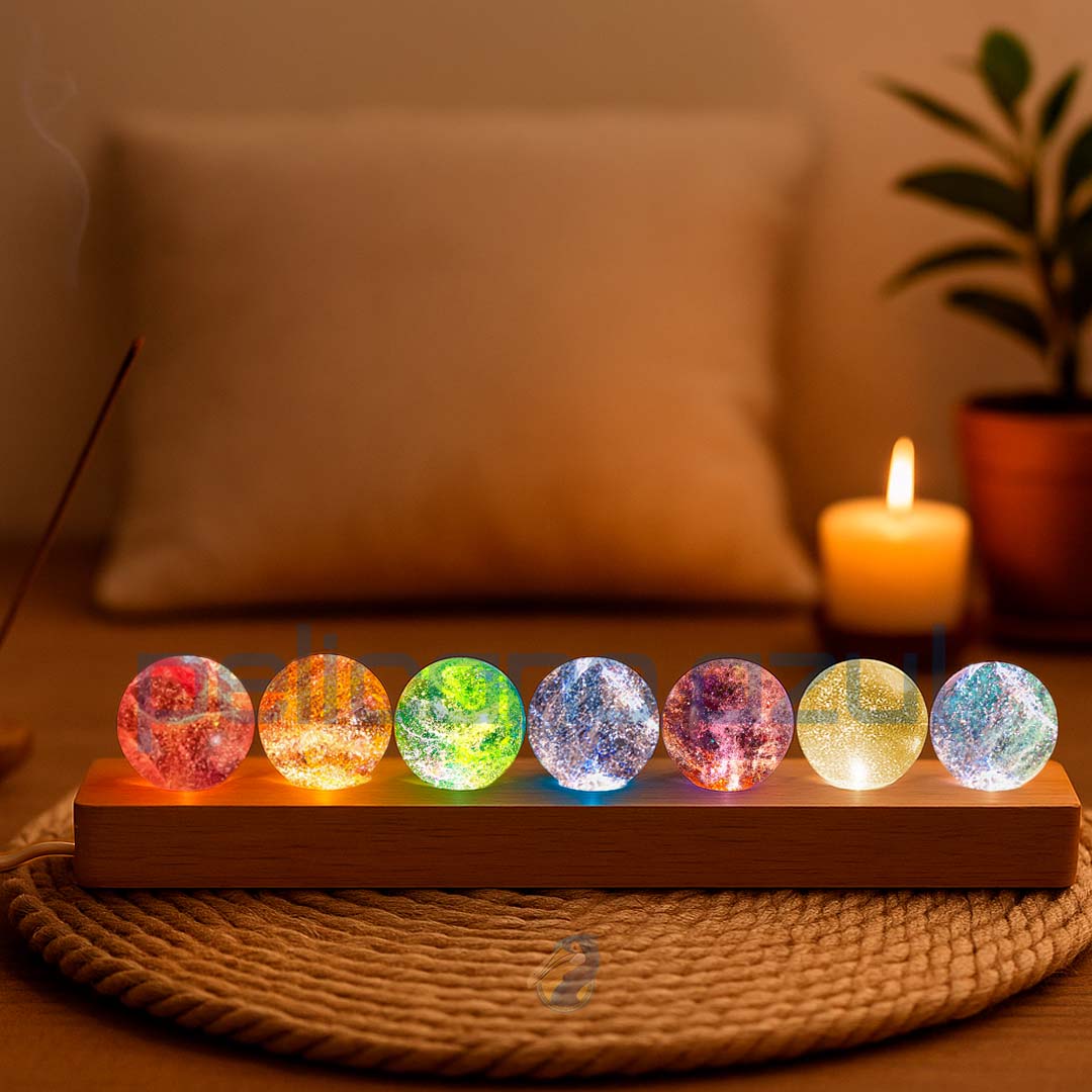 Luminária com esferas dos 7 chakras com incensário e vela