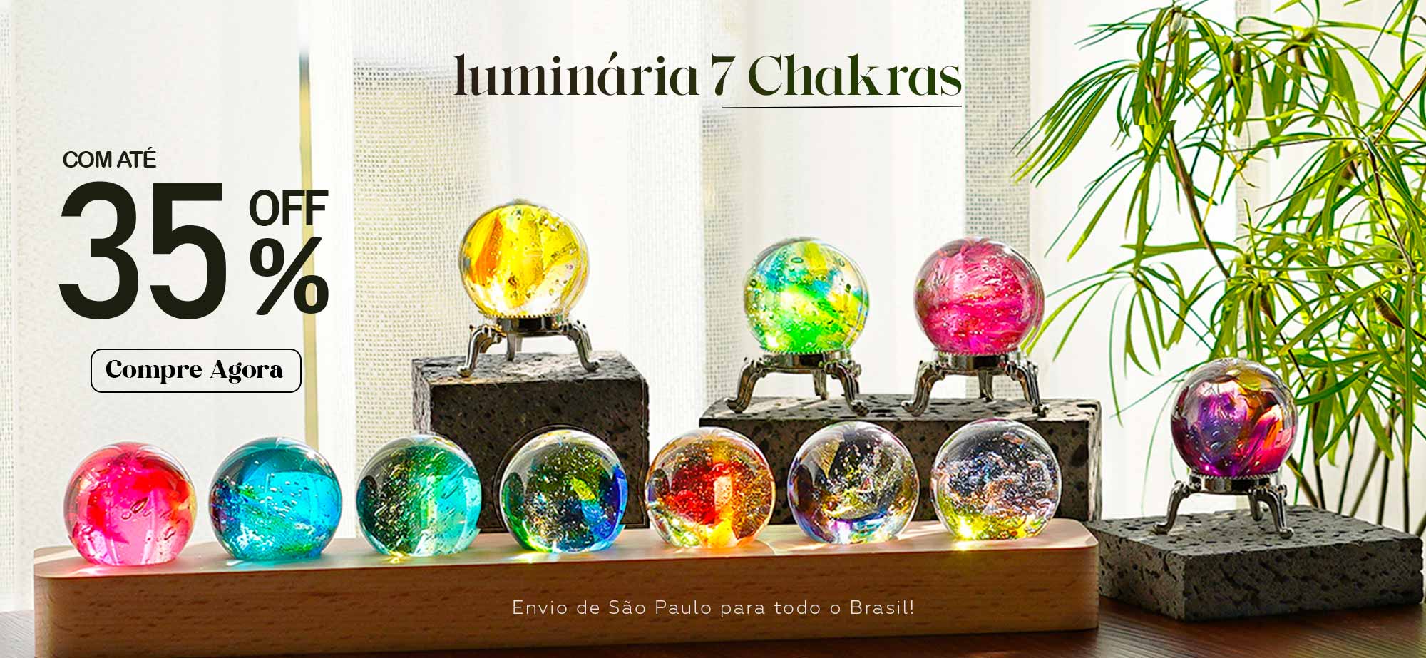 Banner com luminárias 7 Chakras coloridas e promoção de até 35% off em ambiente iluminado - Pelicano Azul