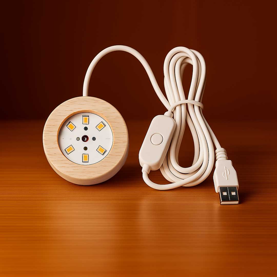 Base de madeira com LEDs para luminária, cabo USB e botão liga/desliga embutido.