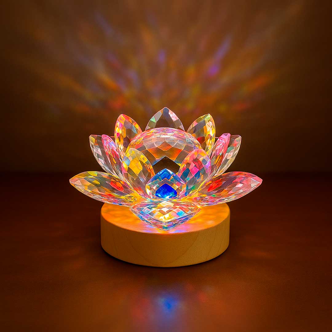 Luminária Flor de Lótus Cristal com reflexos rosa e dourado, criando uma atmosfera de tranquilidade e harmonia. Pelicano Azul.