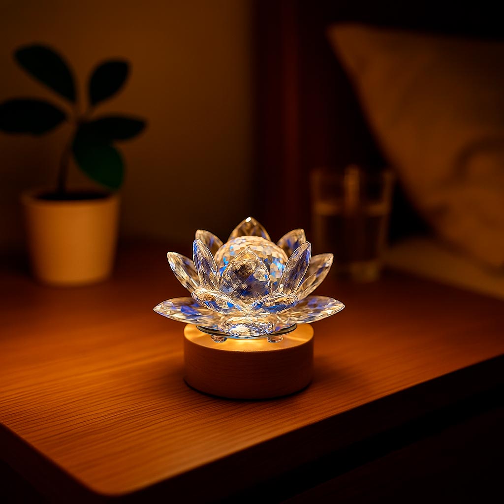 Luminária decorativa em formato de flor de lótus de cristal sobre base de madeira iluminada.