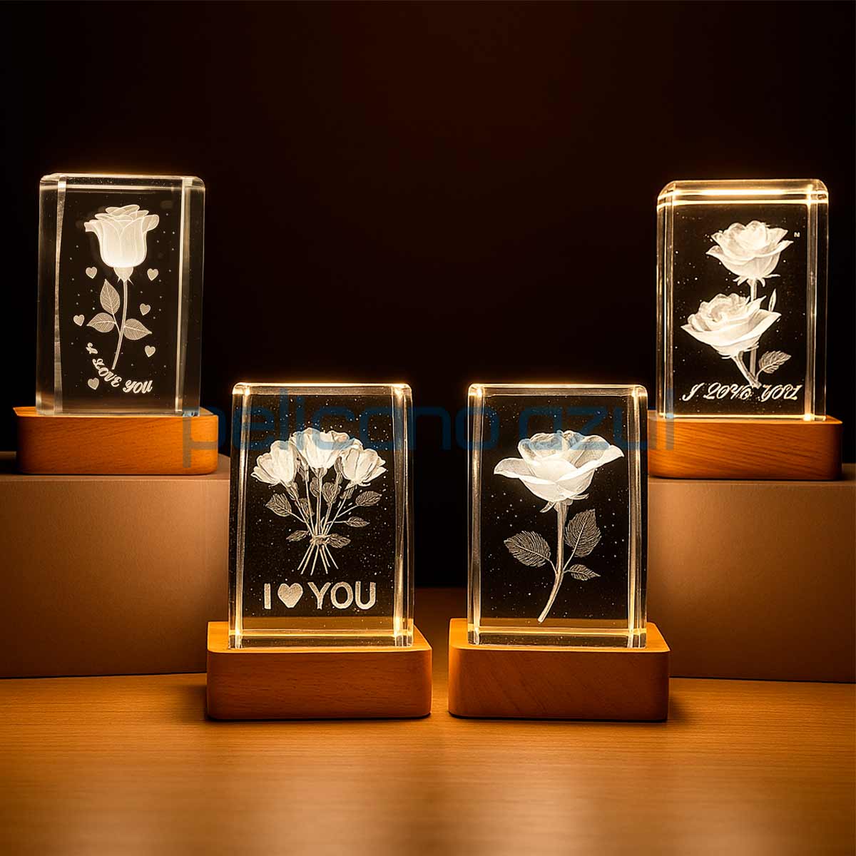 Coleção de luminárias Flor de Luz com diferentes modelos de rosas em cristal iluminado - Pelicano Azul