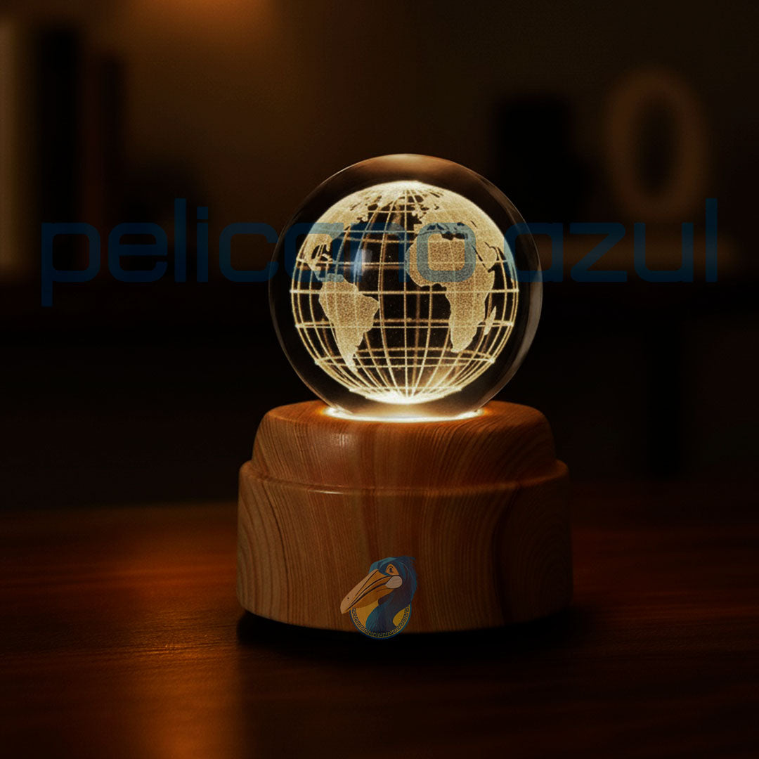 luminária giratória decorativa com globo terrestre iluminado em base de madeira