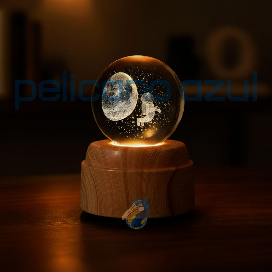 luminária giratória com astronauta e lua em base de madeira decorativa