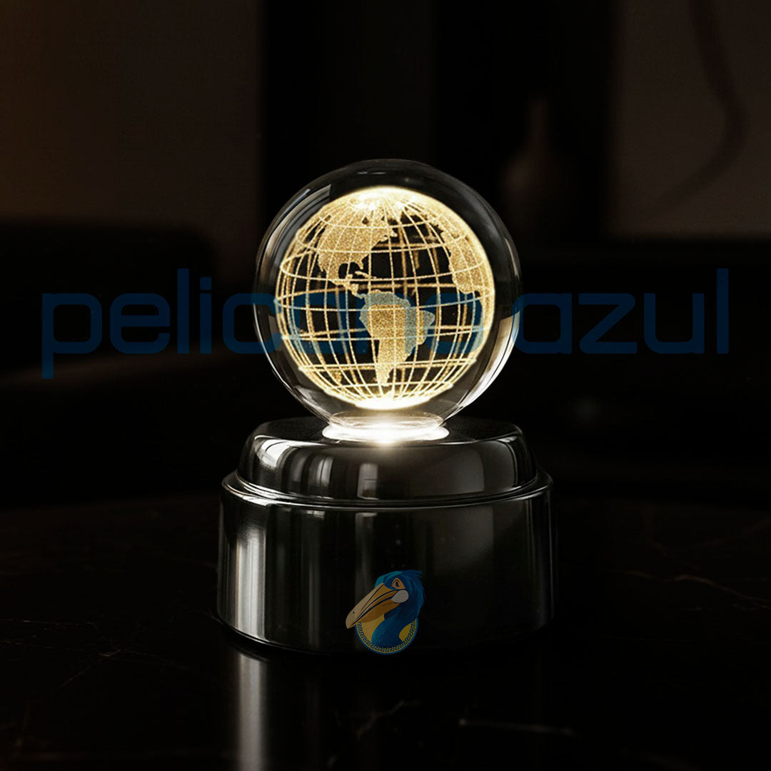 luminária giratória com globo terrestre iluminado sobre base metálica elegante