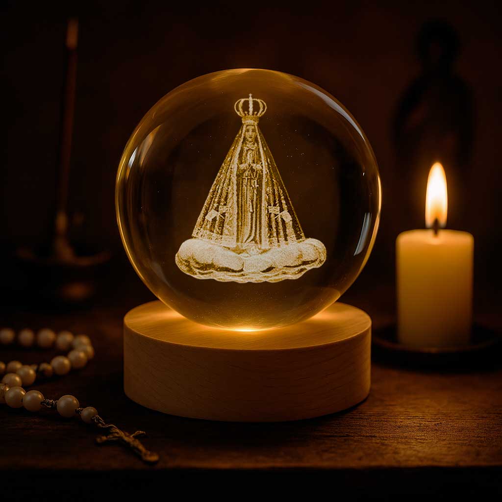 Luminária com imagem de santa em esfera de vidro iluminada, ao lado de vela e terço católico.