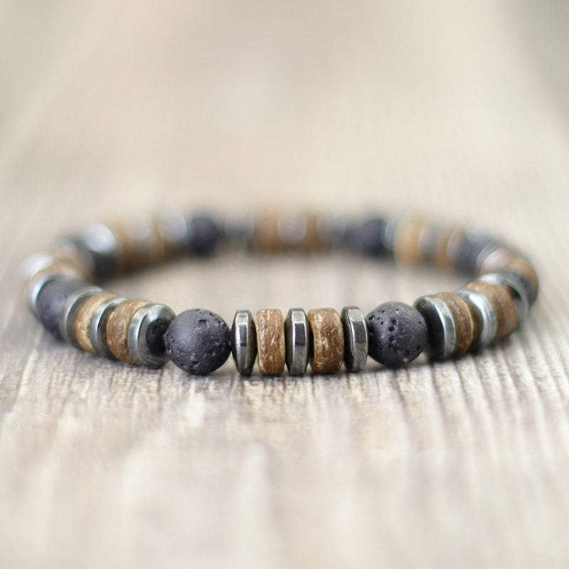 Pulseira tibetana de grânulos de madeira com pedras naturais e design minimalista - Pelicano Azul
