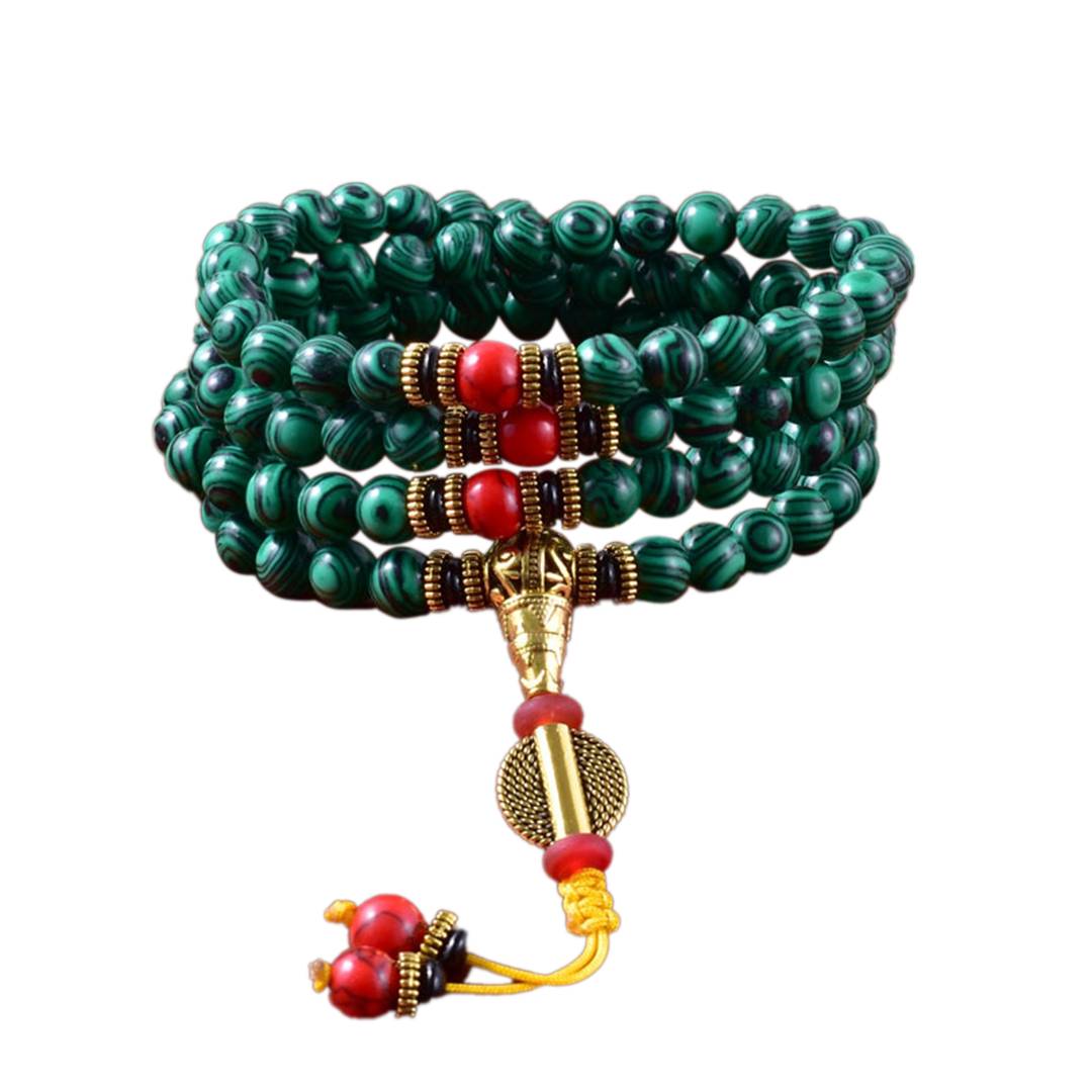 Japamala tibetano com 108 contas de malaquita verde e turquesa vermelha, estilo tradicional para elevação espiritual - Pelicano Azul
