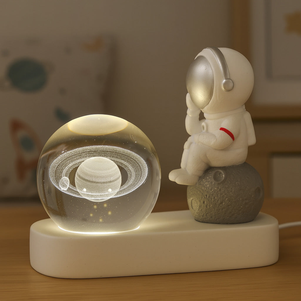 Luminária astronauta no quarto de criança ligada modelo saturno.