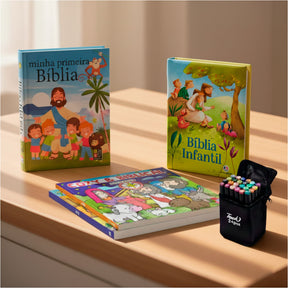 Kit Pequenos Discípulos – 4 Histórias para Inspirar Fé + Canetas Coloridas