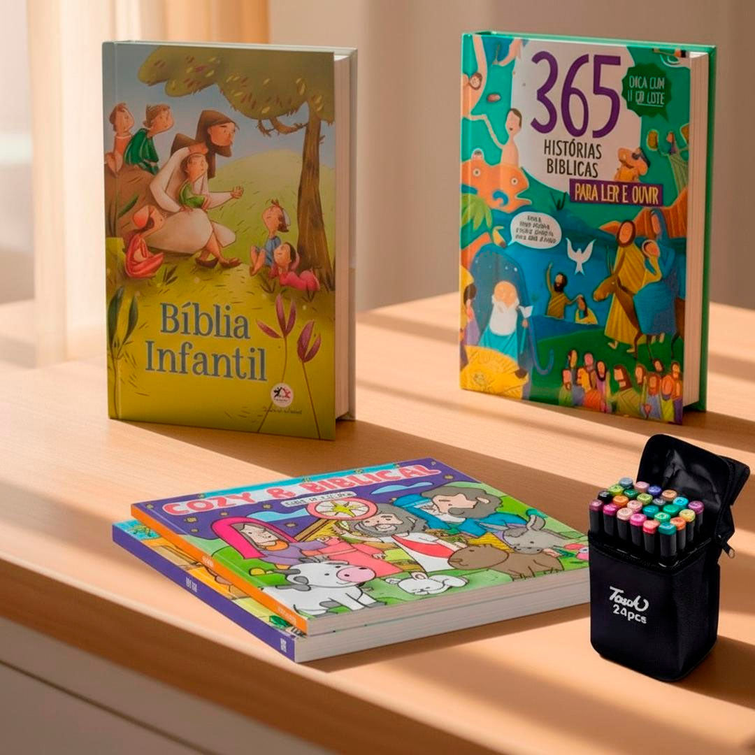 Kit Pequenos Discípulos – 4 Histórias para Inspirar Fé + Canetas Coloridas