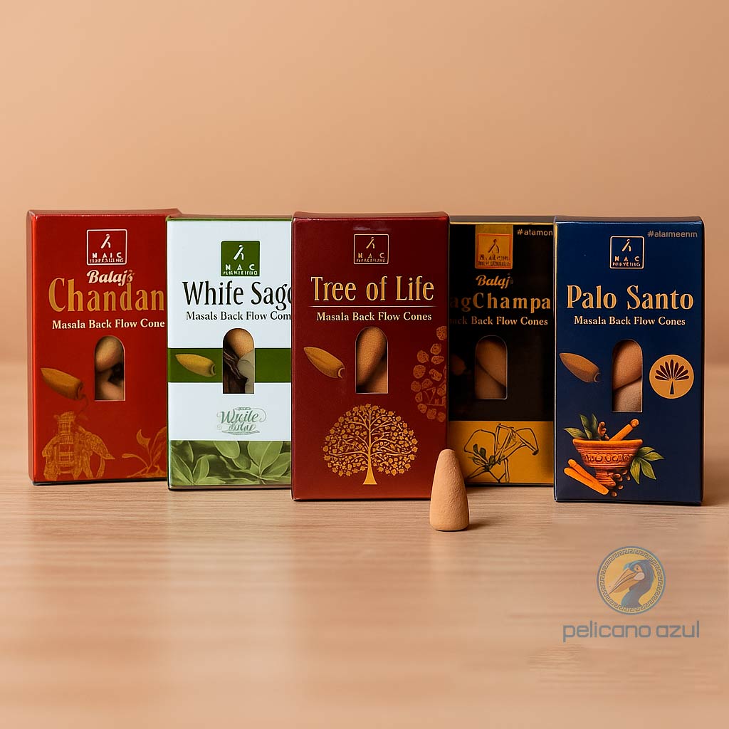 Caixas de incensos Balaji com aromas variados como Palo Santo, Nag Champa e Chandan - Pelicano Azul