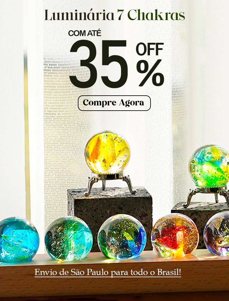 Banner mobile com promoção de luminárias 7 Chakras coloridas e desconto de até 35% - Pelicano Azul

