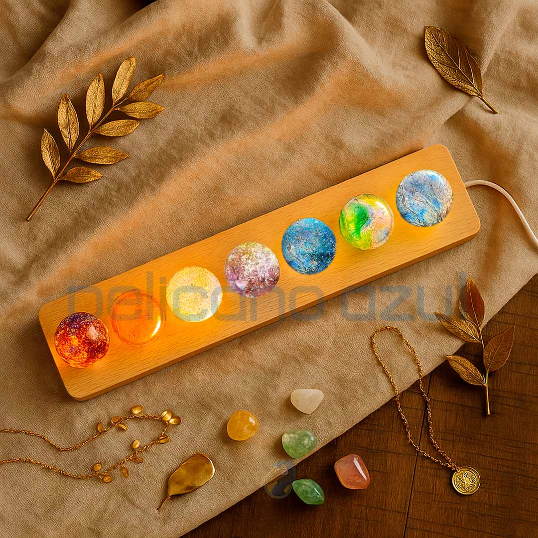 Luminária decorativa com esferas coloridas dos 7 chakras sobre tecido bege e adornos dourados