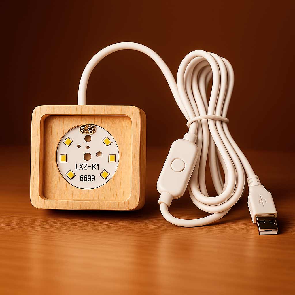 Base de madeira da Luminária Flor de Luz com cabo USB e botão de controle - Pelicano Azul