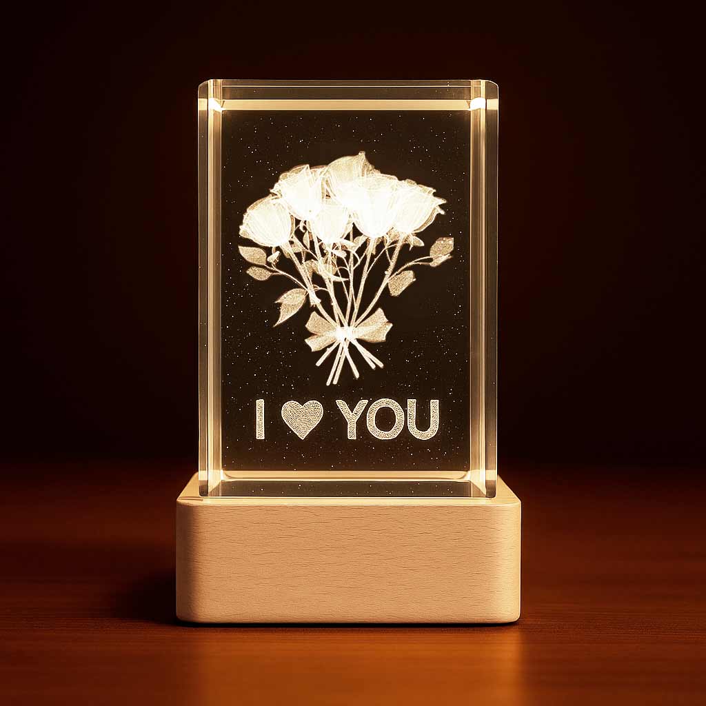 Luminária com buquê de rosas gravado em cristal iluminado com base de madeira - Pelicano Azul