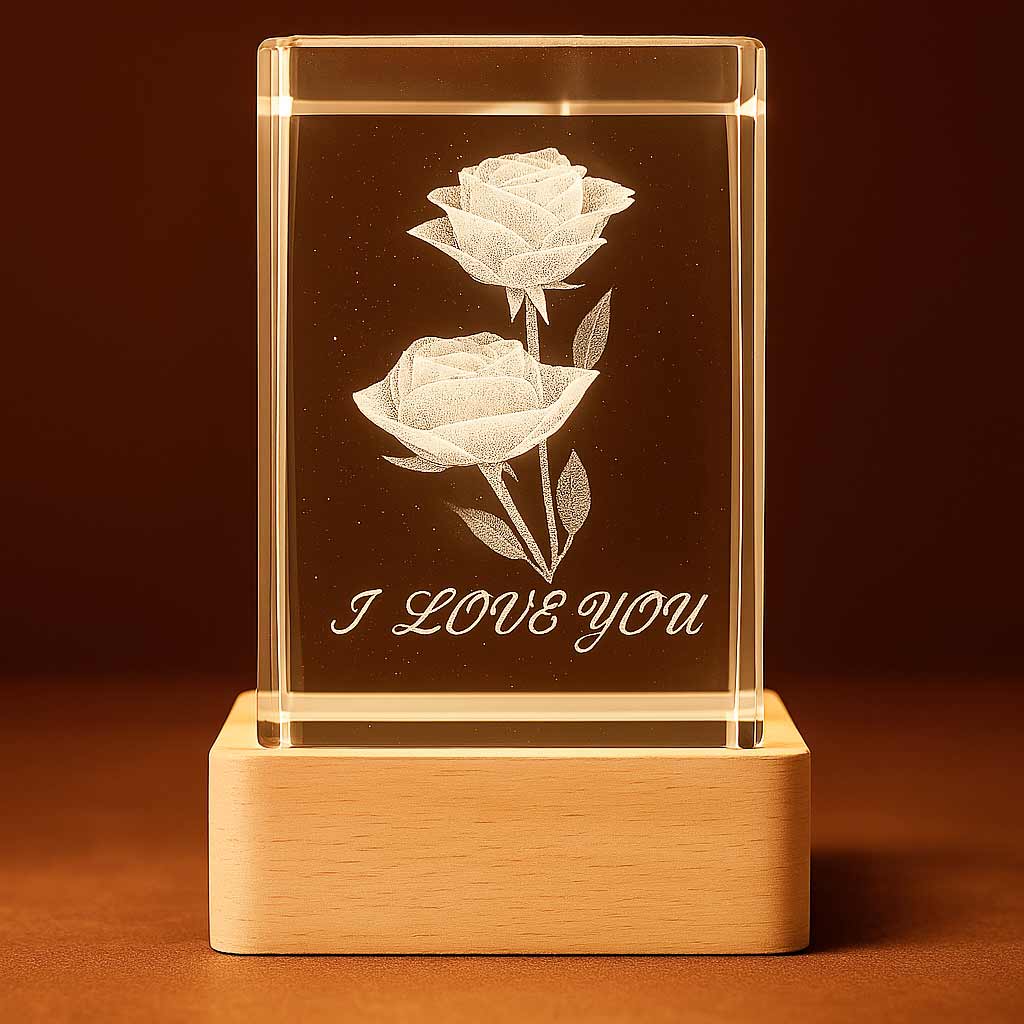 Luminária com duas rosas e a frase I Love You gravadas em cristal iluminado com base de madeira - Pelicano Azul