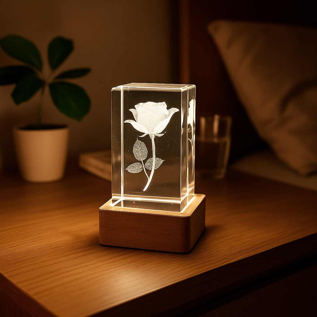 Luminária Flor de Luz com rosa iluminada decorando criado-mudo em ambiente aconchegante - Pelicano Azul