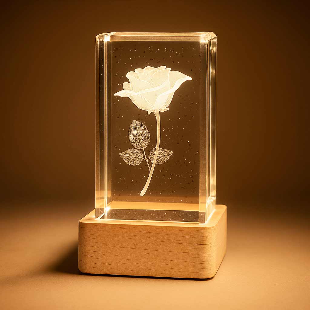 Luminária com flor 3D iluminada em bloco de cristal sobre base de madeira clara - Pelicano Azul