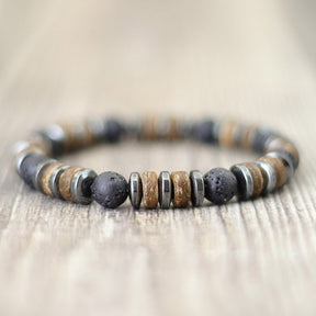 Pulseira tibetana de grânulos de madeira com pedras naturais e design minimalista - Pelicano Azul